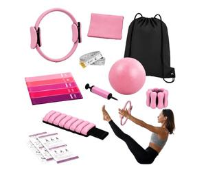 Set Pilates Relaxdays, 13 piezas, color | Aro, pelota, 6 bandas elásticas, muñequeras con peso, bomba, bolsa, metro, accesorios pilates casa