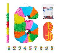 Relaxdays Set piñata de número 6 con 3 accesorios azul claro,naranja,fucsia
