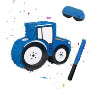 Relaxdays Piñata tractor con palo y máscara blanco,azul oscuro,negro