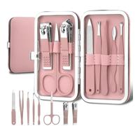 Set portátil de cortaúñas y herramientas belleza, set manicura acero inoxidable 8 en 1, con bolsa cuero colores(Pink 8 Pcs)