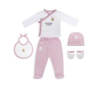 Set Regalo 5 Piezas del Real Madrid - Primera Puesta Bebé Recien Nacido - Compuesto por Gorro, Camisa, Polaina, Manopla y Babero. Edad 0-6 meses.