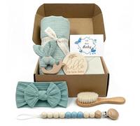 Set Regalo Bebé Recién Nacido 7 en 1, Canastilla Bebé con Toalla de Algodón Orgánico y Cepillo Natural, Regalo Original para Baby Shower, Bautizo y Nacimiento, Niño Niña (Lago Azul)