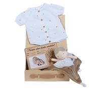 Set Regalo Bebe Recien Nacido Pelele Punto Manga Corta Algodon Organico Con Pompones Doudou Terciopelo Placa Personalizada 0 A 3 Meses Unisex Idea Original Bautizo Baby Shower Nacimiento (AZUL)