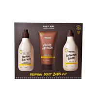 Beter - Set Cuidado Corporal Coffee O’clock, Set de Ducha 3 Piezas con Gel de Baño, Loción Corporal y Gel Exfoliante, Aroma a Café y Coco, Set de baño para mujer, Fórmulas Veganas, Set Regalo