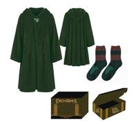 Set Regalo Hogar The Lord of The Rings Unisex - Bata Poncho Coral Fleece Verde con Capucha y Bolsillos + Calcetines a Juego, Talla Única, Licencia Oficial, Set Invierno para Casa
