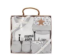 Set Regalo Primera puesta de 5 Piezas I Love Mamá Papá, Algodón Orgánico e Hipoalergénico Topitos De 0 a 6 meses aprox (Gris)