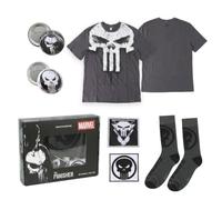 Set Regalo Punisher Marvel para Hombre - Camiseta Manga Corta Gris con Estampado Calavera, 1 Par Calcetines y Accesorios (Parches y Chapas), Licencia Oficial, Talla Única