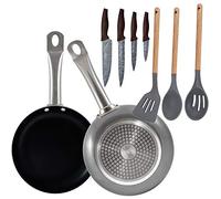 Set SAN IGNACIO de 2 sartenes (20,24 cm) en aluminio prensado, 3 utensilios de cocina de silicona y 4 cuchillos de cocina en acero inoxidable
