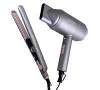 Set Secador de Pelo 2200W + Plancha de Pelo 45W - Motor DC, 2 Velocidades, 2 Temperaturas, Función Frío, Placas Cerámicas Flotantes, Calentador PTC, Diseño Gris Oscuro y Rosa