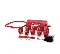 Set, set bdsm, material de piel de vacuno, sujeciones y set con esposas, tobilleras, sujeciones de cuello para mujer, juguetes sexuales Sm, parejas extremas(Rot)