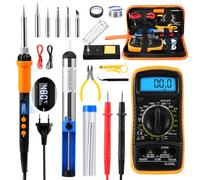 Set soldador estaño, 90W Kit Soldador de Estaño Eléctrica, 200-500°C temperatura ajustable, estación de soldadura con Puntas, Soporte, Pinzas Antiestáticas, multímetro digital para trabajos eléctricos