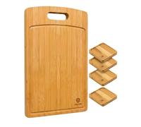 Set Tabla de Cortar de Bambú con 4 Posavasos - Reversible, Antibacteriana y con Canal Recolector | Ideal como Utensilios de Cocina, para Servir Comida o para Sorprender en Celebraciones - CALLURIC