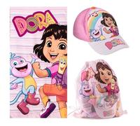 Set Toalla, Gorra y Mochila Dora La Exploradora para Playa y Piscina - Set Infantil Dora La Exploradora con Gorra, Toalla y Saquito, Set Verano Niño y Niña Completo, Ideal para Vacacciones