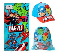 Set Toalla, Gorra y Mochila Marvel para Playa y Piscina - Set Infantil Marvel con Gorra, Toalla y Saquito, Set Verano Niño y Niña Completo, Ideal para Vacacciones y Excursiones