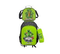 Set Trolley Funcional, Escolar, Viaje, 3 Pcs,Lonchera, Estuche, Color Verde, Producto Oficial, Minecraft