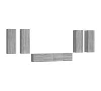 Set TV 6 piezas gris Sonoma madera multicapa | Mueble de TV de pared, madera contrachapada, 2 módulos abiertos, 4 puertas con cierre, diseño moderno