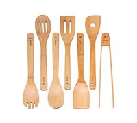 Set Utensilios de Cocina Madera de Bambú - Juego de 7 Accesorios de Cocina Originales para Menaje de Cocina Antiadherentes (Cuchara, Cucharones, Espatulas, Lengua, Paleta, Pinzas) - BlauKe®