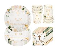 Set Vajilla Fiesta Comunión y Bautismo 52 Piezas, 16 Personas Decoración Confirmación Primera Platos Vasos Servilletas Papel Diseño Cruz Dorada y Pez Frases ‘Schön Dass Du Da Bist’ y ‘God Bless’