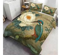 Set Vintage de Fundas para edredones de martín Pescador y peonía Blanca, Ropa de Cama Suave de 3 Piezas con Fundas de Almohada, clásica de Dormitorio con Estampado botánico de Ave 220x240cm