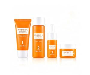 Set Viso 4 Pezzi con Detergente 30 ml, Tonico 30 ml, Siero 10 ml e Crema 15 g, Vitamina C, Kit Idratante Viso, Confezione Regalo Donna