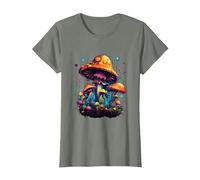 Seta Mushroom Rave Colorido Abstracto Colorido Goa Trance música Camiseta, Mujer, Verde Militar Jaspeado, L