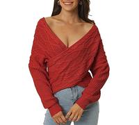Seta T Jersey Informal de Manga Larga con Cuello en V para Mujer, Jersey Corto de Punto con Hombros Descubiertos y Frente Cruzado, Dobladillo Asimétrico, 2023 Vino Rojo S
