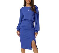 Seta T Vestido Midi Ajustado de Punto Acanalado con Manga Farol y Abertura Lateral Fruncida para Mujer Azul S