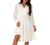 Seta T Vestido Midi Casual hasta la Rodilla con Cuello en V Cruzado y Lunares Suizos de Manga Larga para Mujer 2023 Blanco S