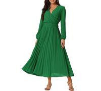 Seta T Vestido Midi Plisado con Volantes Fluidos y Cuello en V con Manga Larga Abombada para Primavera y Otoño de 2023 para Mujer con Cinturón Verde Oscuro S