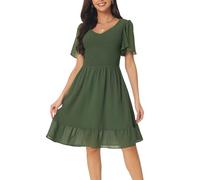Seta T Vestido Midi Volante para Mujer, Gasa Fluidos de Verano con Cuello en V y Volantes de Manga Corta para Mujer Ejercito Verde M