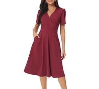 Seta T Vestido Volante Midi de Manga Corta con Cuello en V para Mujer Vino Rojo S