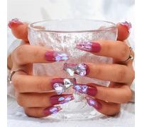 Sethexy Diamantes de imitación morados Presiona las uñas Aurora Uñas postizas de ataúd largo Cristales de corazón 3D Brillantina Cadena de uñas falsas hechas a mano para mujeres y niñas