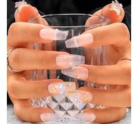 Sethexy Francés Rosa Hecho a mano Uña postiza 3D Mariposa Ataúd Largo Uñas postizas Perla Purpurina Uñas postizas Calidad de Salón Brillante Presione en el clavo para mujeres y niñas (K)