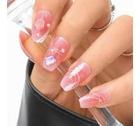 Sethexy Rosa Gradiente Uñas Press On 3D Ataúd Medio Uñas postizas con Diseño 24PCS Brillante Full Cover Art Uñas Postizas para mujeres y niñas (6)