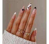 Sethexy San Valentín Corazón Uña postiza Negro Blanco Punta Francesa Rosa Uña postiza Brillante Negro Corazón Uñas a presión Remolino Reutilizable Uñas adhesivas para mujeres y niñas 24Unidades