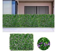 Seto Artificial Ocultacion | Celosia Extensible con Hojas, Jardín Vertical Exterior | con Flores Moradas | Jardín Vertical Exterior | Alfombra De Valla De Imitación para Decoración De Fondo Verde
