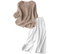 Sets Damen T Shirt U-Ausschnitt 3/4 Ärmel Bettwäsche Baumwolle Set Lockere Hosen Casual Loose Fit Zweiteiliges Outfit mit Top und Hose atmungsaktiv & bequeme für tägliche Wear Strandurlaub, café, L