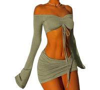 Sets de faldas para mujer de dos piezas a juego manga larga lazo corsé pleated Top Mini Skirt Set Summer Dresses-Green-S