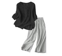 Sets Frauen 3/4 Ärmel Bettwäsche Baumwolle Set Casual Loose Fit Zweiteiliges Outfit mit Top und Hose atmungsaktiv & bequeme für täglichen Wear Strandurlaub T Shirt U-Ausschnitt, Negro , L