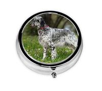Setter Inglés Césped Mascotas Perros Setter Inglés, Pastillero, Pastillero redondo Pequeño contenedor de pastillas Organizador de pastillas de viaje