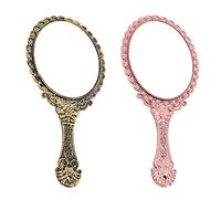 Seully 2 Piezas Espejo de Maquillaje con Mango de Patrón Retro,Mini Espejo de Mano de Una Cara,Espejo Ovalado Vintage,Espejo de Maquillaje con Espejo de Mano,Herramienta de Belleza(Bronce, Oro Rosa)