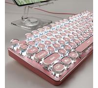 SEUNKWANG EWEADN TK100 - Teclado mecánico con cable, 104 teclas estéticas para máquina de escribir con retroiluminación blanca, antifantasma, interruptor azul con cable, bonitos teclados, color rosa