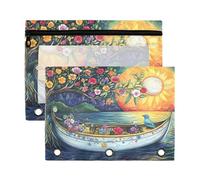 Sevdomey A Boat with The Sun - Estuche para lápices de 3 anillos con ventana transparente, paquete de 2 bolsas con cremallera para oficina, Un barco con el sol, 7.08*9.85 inch, Bolsa para lápices