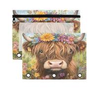 Sevdomey Adorable estuche para lápices de vaca de las Tierras Altas con 3 anillos con ventana transparente, paquete de 2 bolsas con cremallera para oficina, Adorable vaca de las tierras altas,