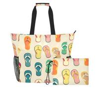 Sevdomey Bolsa de playa con patrón de chanclas coloridas de 36 L con compartimento húmedo y seco, impermeable, para viajes, gimnasio, piscina, natación, a prueba de arena