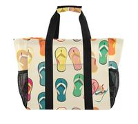 Sevdomey Bolsa de playa grande con patrón de chanclas de colores, bolsa de lona impermeable con bolsillos para mujer, viajes, gimnasio, piscina