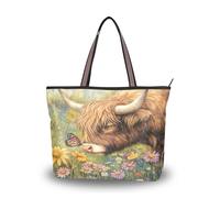 Sevdomey Bolso de mano de vaca de las tierras altas de acuarela para mujer con cremallera, bolso de lona de gran capacidad para el trabajo, viajes y compras, Acuarela de vaca montañosa, 45 x 33 x 13cm