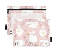 Sevdomey Bonito estuche de 3 anillos con ventana transparente, paquete de 2 carpetas con cremallera para oficina, Linda oveja de dibujos animados, 7.08*9.84 inch, Bolsa para lápices
