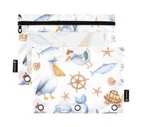 Sevdomey Bonito Estuche náutico de Acuarela de 3 Anillos con Ventana Transparente, Paquete de 2 Bolsas con Cremallera para Oficina, Bonita Acuarela náutica, 7.08 * 9.84 Inch, Bolsa para lápices