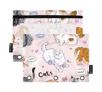 Sevdomey Bonito Estuche para lápices de Gato con 3 Anillos con Ventana Transparente, Paquete de 2 Bolsas con Cremallera para Oficina, Lindo Gato, 7.08 * 9.365 Inch, Bolsa para lápices